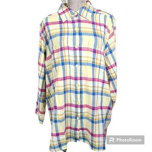 NWOT Roamans Size 20W Yellow Pastel Plaid Cotton Flannel Button-Down Shirt Soft